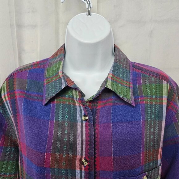 Vintage Cabin Creek Button Down Blouse Purple Green Plaid Preppy Boho 18W - Picture 2 of 12